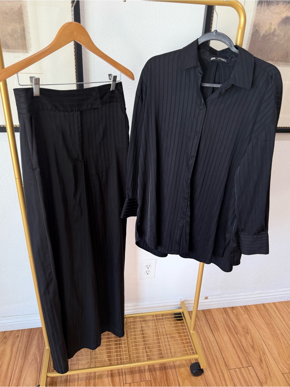 Zara Black Pinstripe Two-Piece Wide-Leg Trousers & Button-Up Shirt